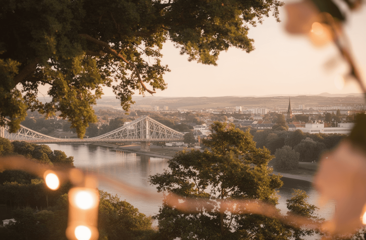 Blick von der Villa Schevenstraße über die Elbe und das Blaue Wunder